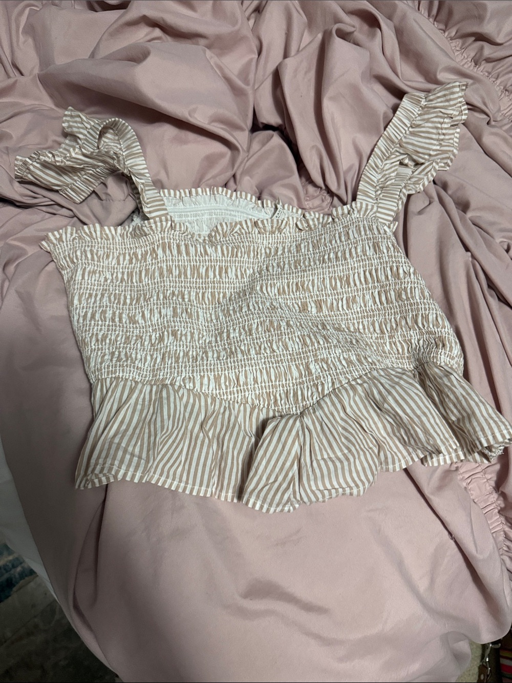 American Eagle Outfitters Beige Striped Smocked Ruffle Crop Top